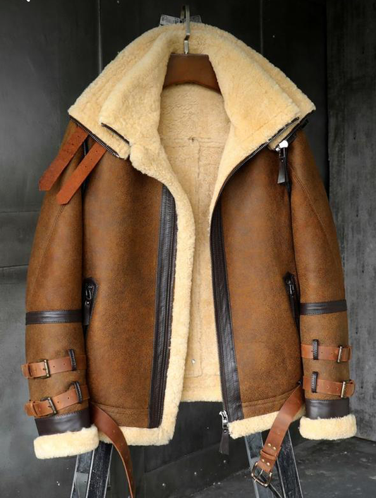 Men's Leather Jacket With Fur - Light Brown