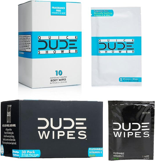 On-The-Go Flushable Wipes + DUDE Shower Body Wipes (10 Body & 30 Individually Wrapped XL Adult Wet Wipes)