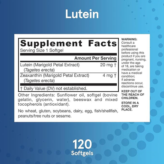 Lutein 20 mg With Zeaxanthin, Dietary Supplement for Visual Function and Macular Health Support - 120 Softgels