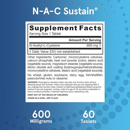 N-A-C Sustain 600 mg - Antioxidant Amino Acid Supplement - 60 Sustain Tablets