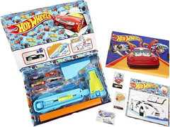 Celebration Box Complete Starter Set with 6 Hot Wheels 1:64 Scale Cars, Track, Connectors, 4-Speed Launcher, Ramps, Activity Page & Stickers