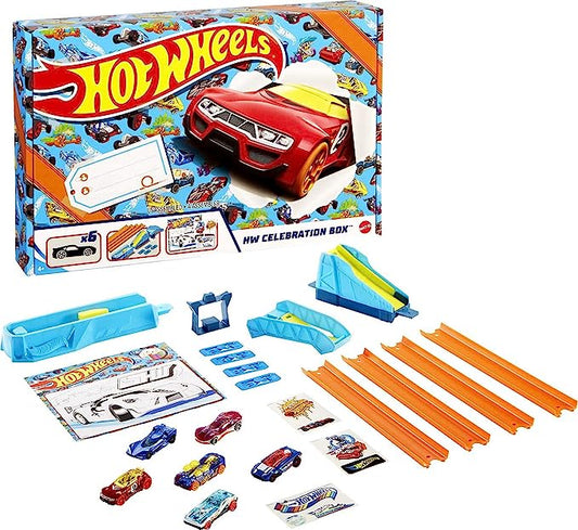 Celebration Box Complete Starter Set with 6 Hot Wheels 1:64 Scale Cars, Track, Connectors, 4-Speed Launcher, Ramps, Activity Page & Stickers