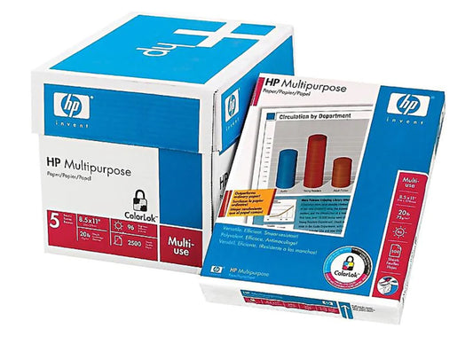 HP 8.5" x 11" Multipurpose Paper, 20 lbs., 96 Brightness, 500/Ream, 5 Reams/Carton (115100)